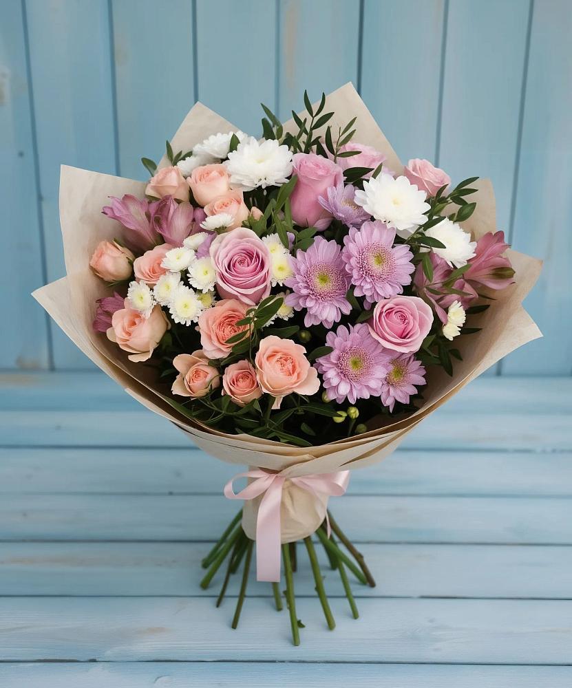 Букет цветов из: Хризантемы, Розы и Альстромерии в Ермолино Новгородская область