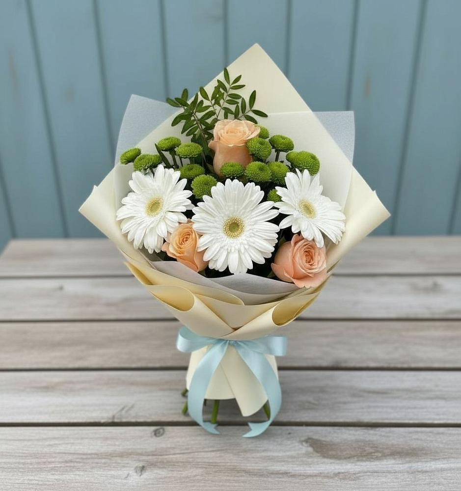 Букет цветов из: Герберы, Розы и Хризантемы в Ермолино Новгородская область