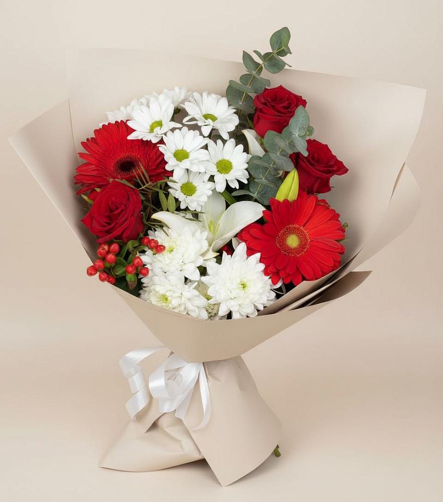 Букет цветов из: Розы, Хризантемы, Герберы и Лилии в Ермолино Новгородская область