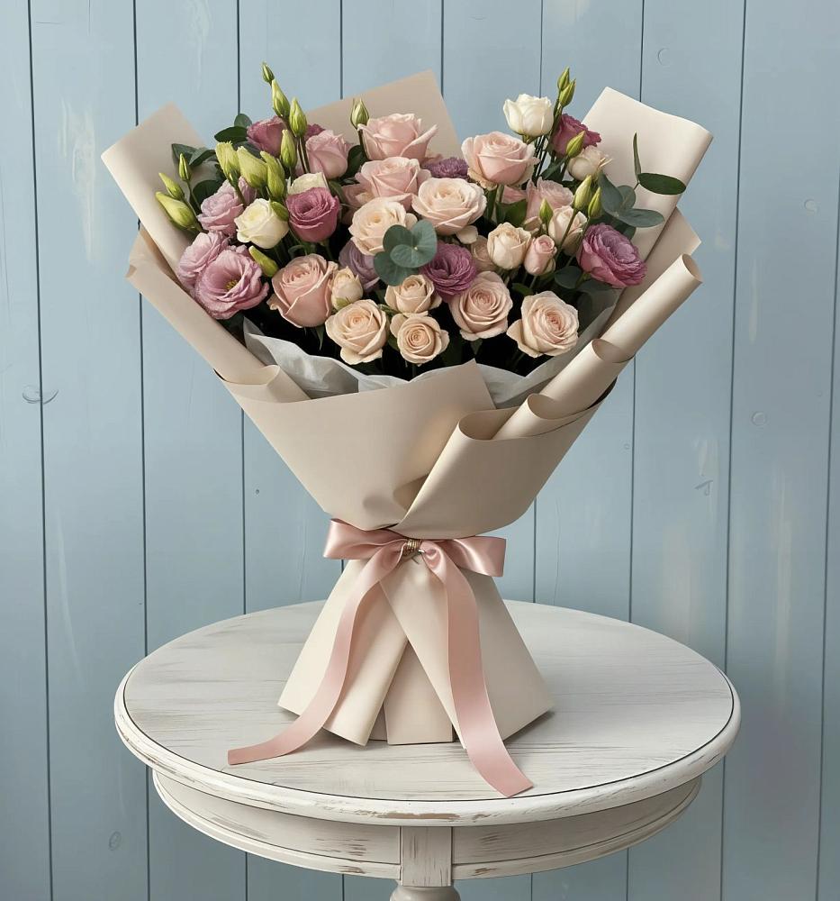 Букет цветов из: Розы и Лизиантусы в Ермолино Новгородская область