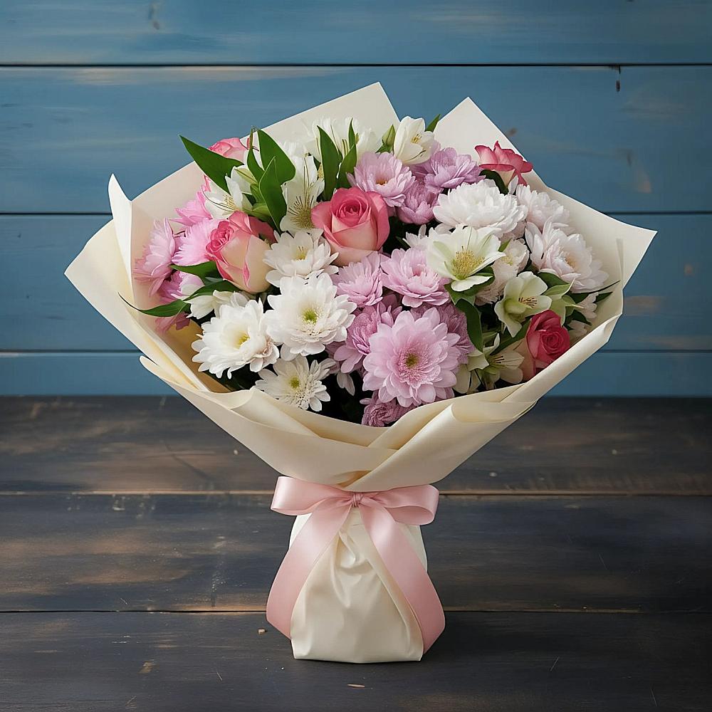 Букет цветов из: Хризантемы, Альстромерии и Розы в Ермолино Новгородская область